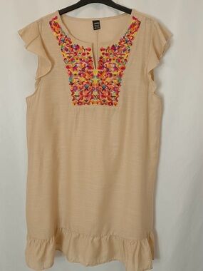Loness Cream Mini Dress with Multicolor Floral Embroidery